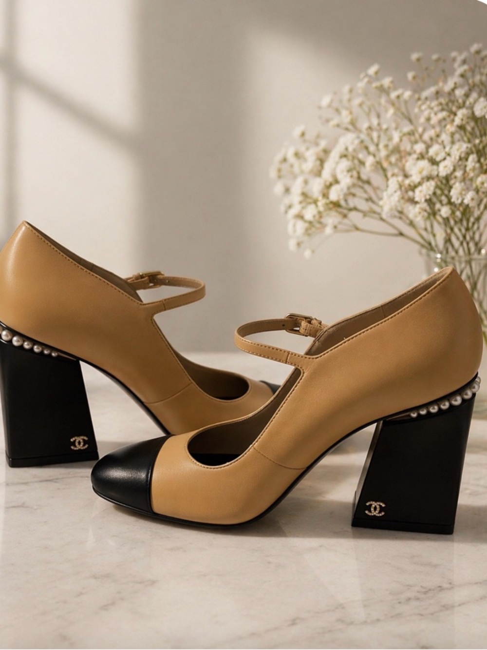 CHANEL Tan and Black Mary Jane Block Heel Pumps with Pearl Detail